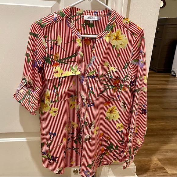 Calvin Klein Women’s Red Striped Floral Button Down Blouse - Picture 3 of 7